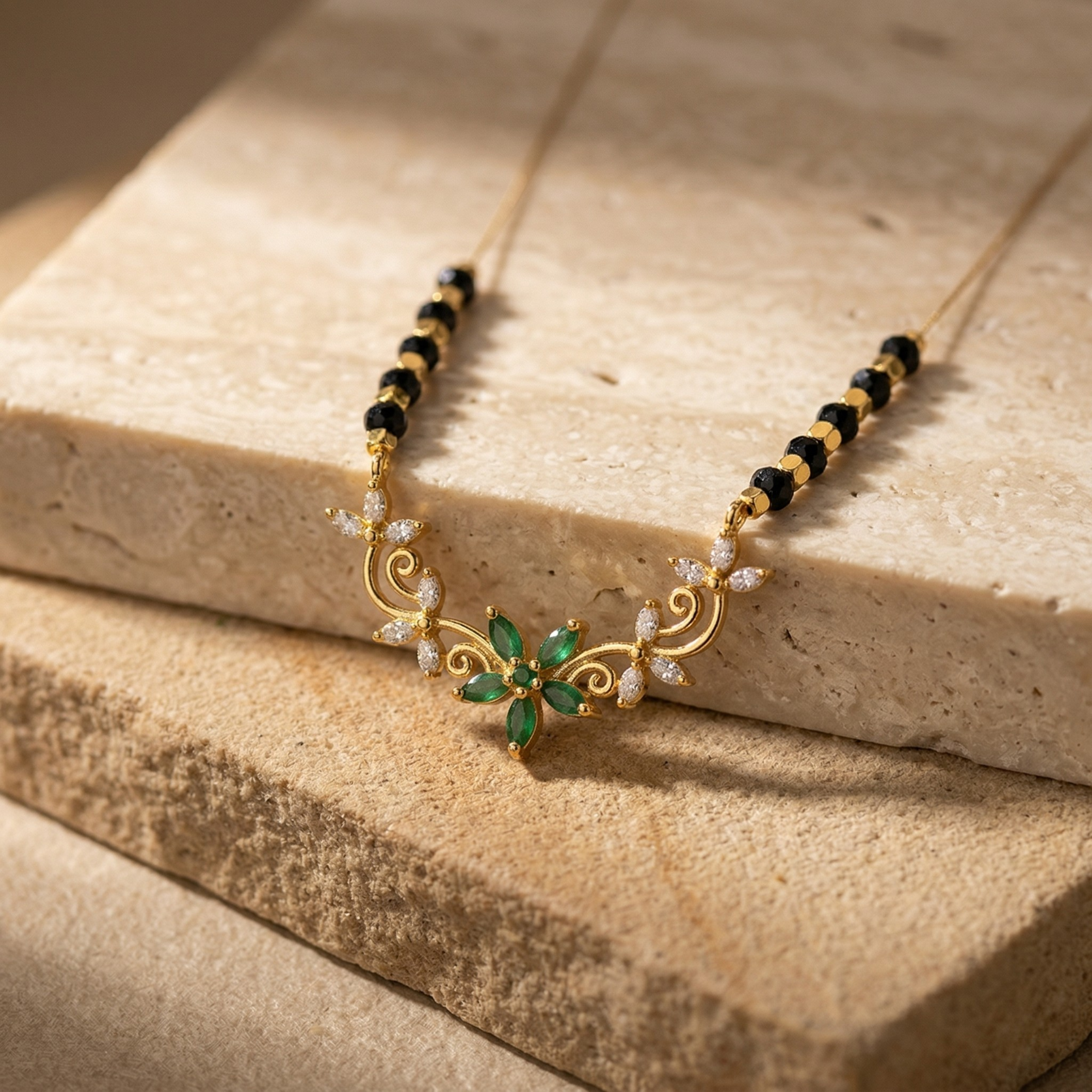 RAAYA Victorian Green Stone Mangalsutra | Lightweight Daily Wear | Micro Gold | Anti-Tarnish
