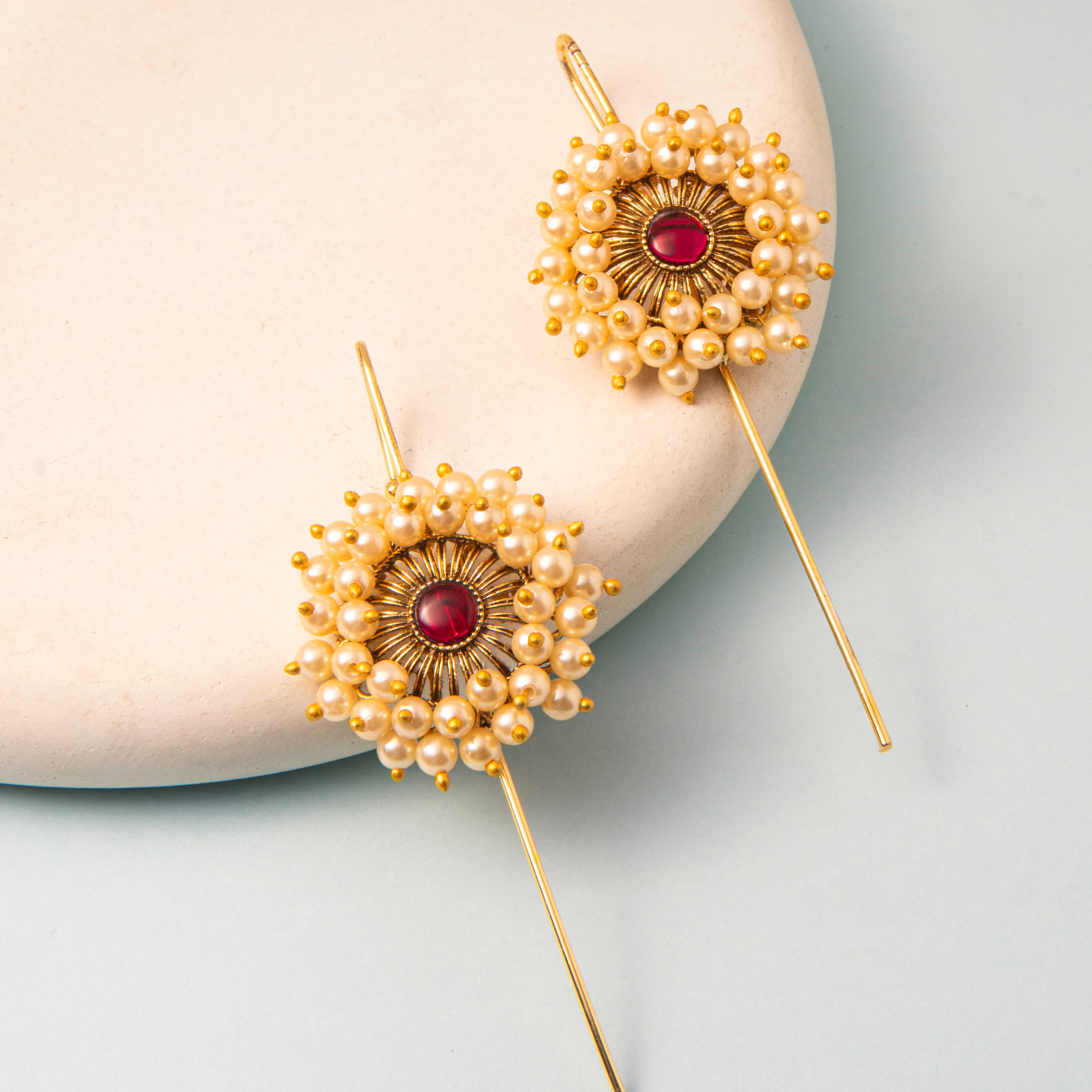 RAAYA Floral Pearl Ear Cuff | Ruby Stone Statement Earrings | Festive & Wedding Wear | Micro Gold | Anti-Tarnish