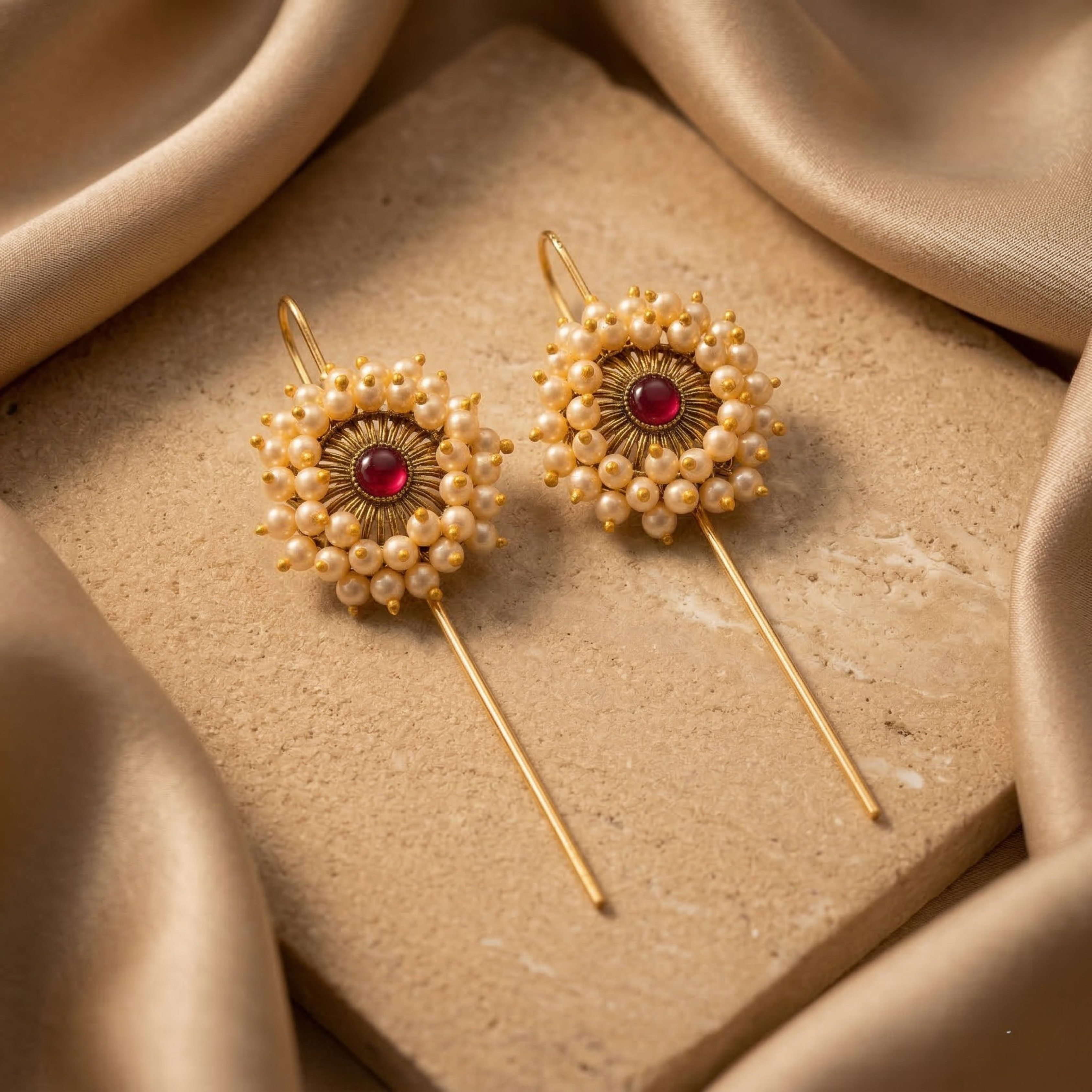 RAAYA Floral Pearl Ear Cuff | Ruby Stone Statement Earrings | Festive & Wedding Wear | Micro Gold | Anti-Tarnish