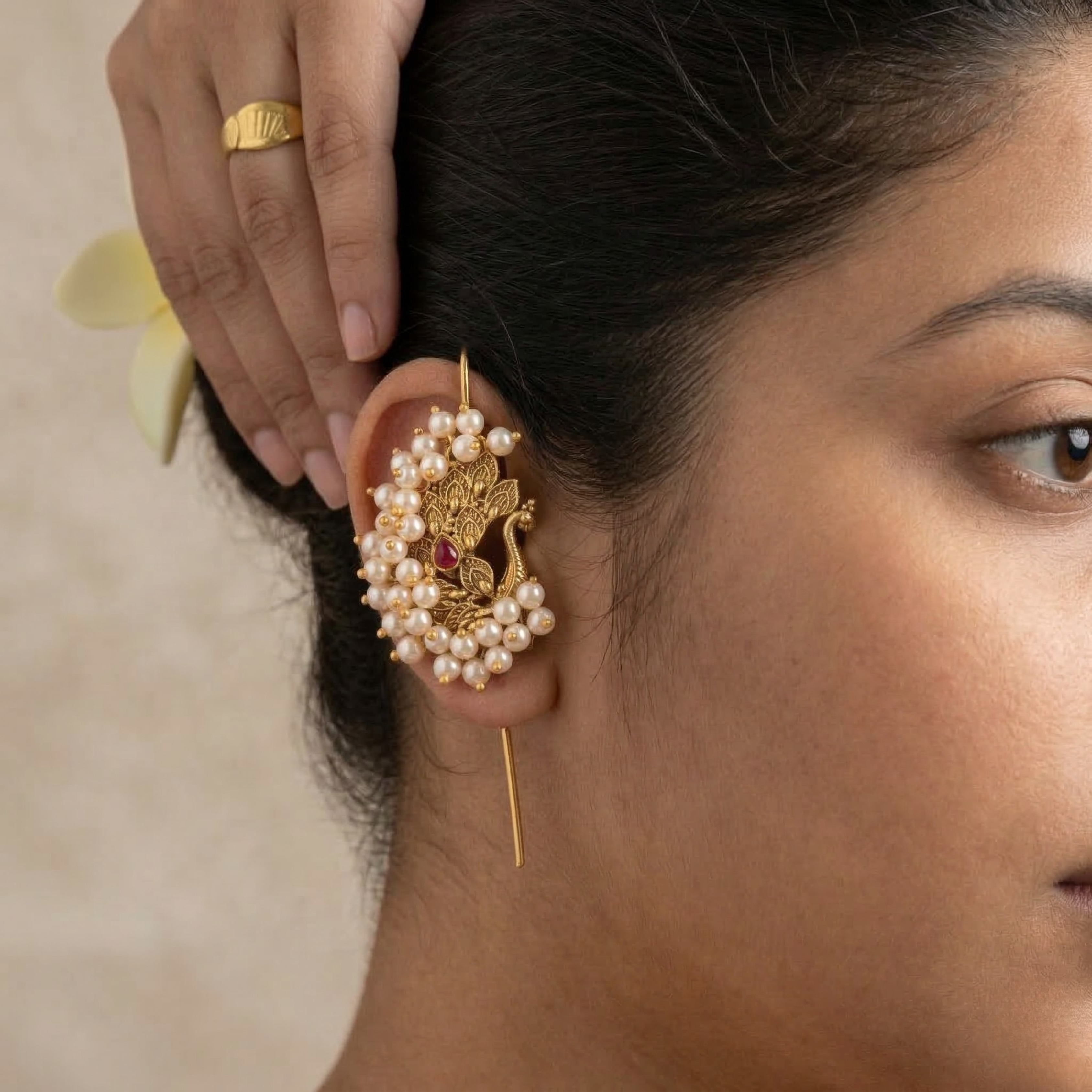 RAAYA Peacock Pearl Ear Cuff | Temple Jewellery | Statement Festive Earrings | Micro Gold | Anti-Tarnish
