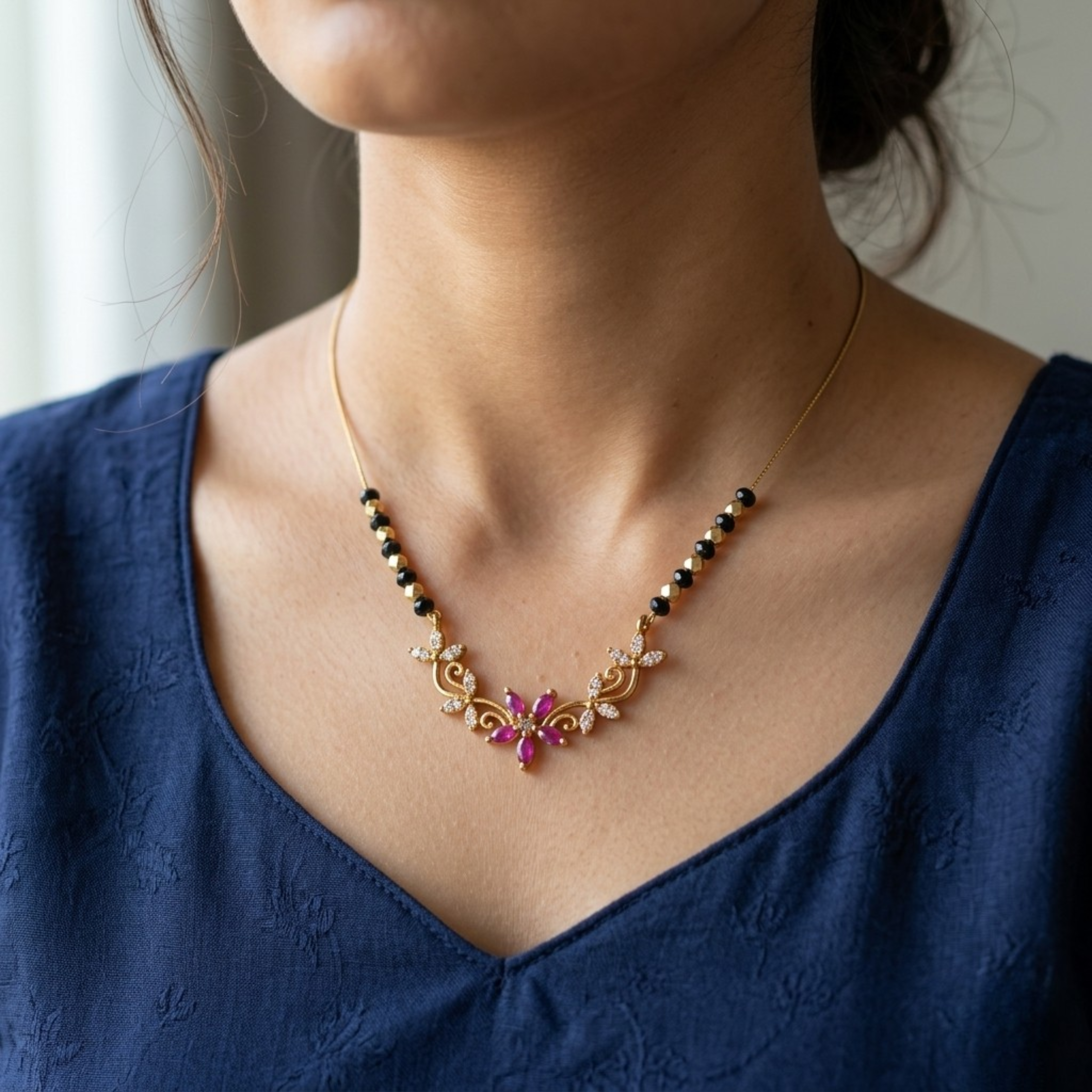 RAAYA Victorian Pink Stone Mangalsutra | Lightweight Daily Wear | Micro Gold | Anti-Tarnish