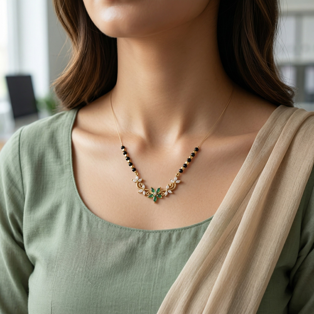 RAAYA Victorian Green Stone Mangalsutra | Lightweight Daily Wear | Micro Gold | Anti-Tarnish