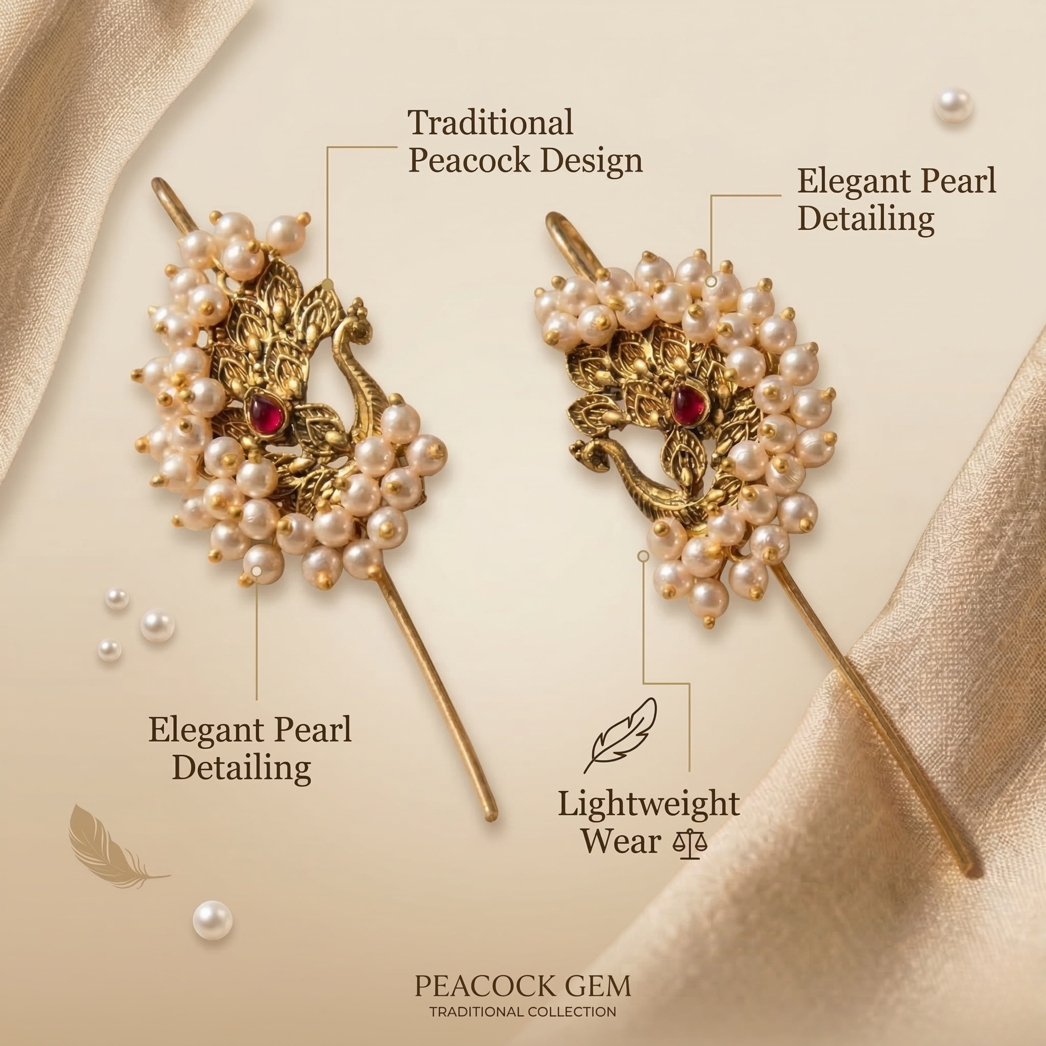 RAAYA Peacock Pearl Ear Cuff | Temple Jewellery | Statement Festive Earrings | Micro Gold | Anti-Tarnish