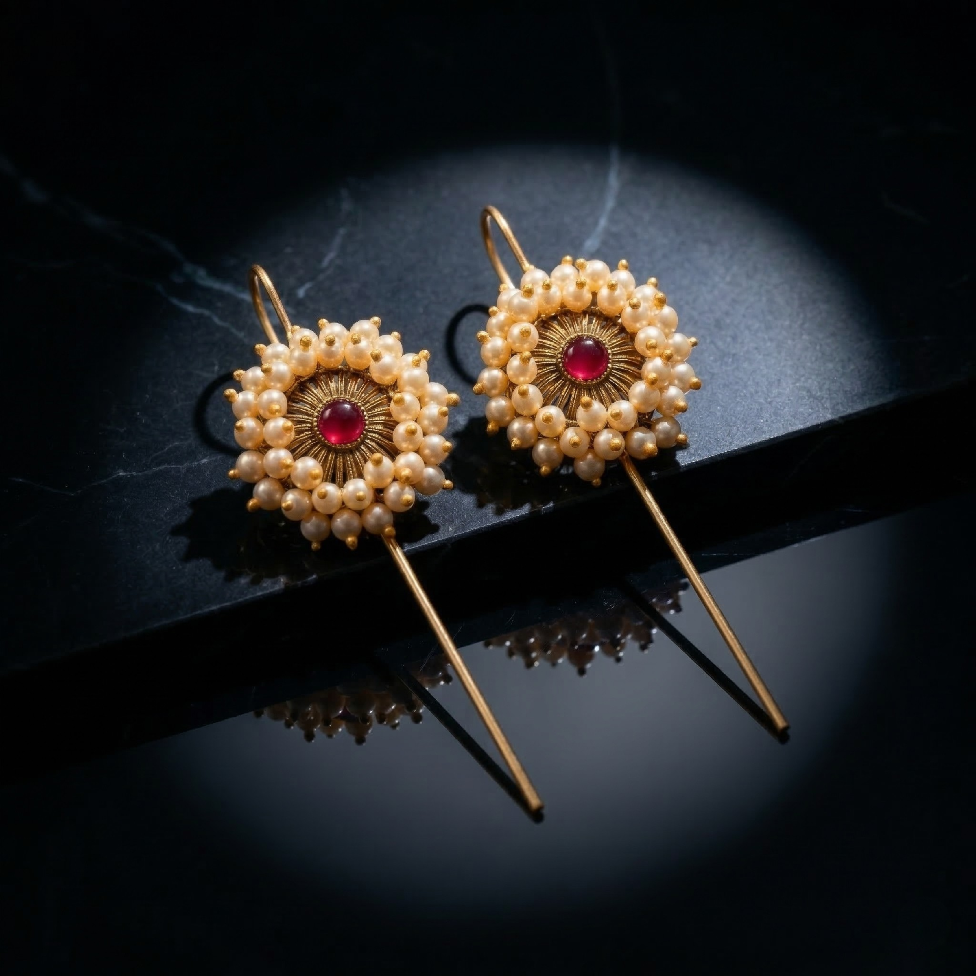 RAAYA Floral Pearl Ear Cuff | Ruby Stone Statement Earrings | Festive & Wedding Wear | Micro Gold | Anti-Tarnish