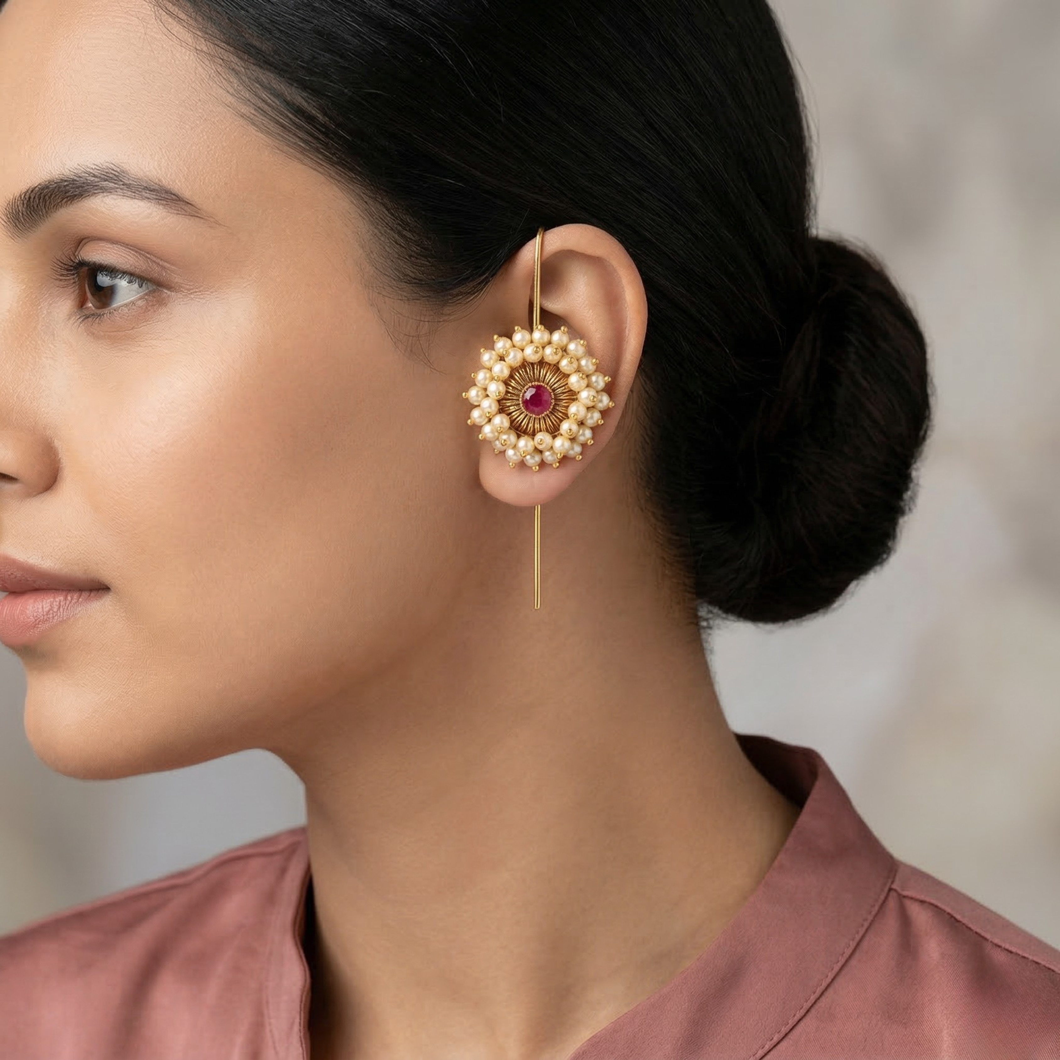 RAAYA Floral Pearl Ear Cuff | Ruby Stone Statement Earrings | Festive & Wedding Wear | Micro Gold | Anti-Tarnish