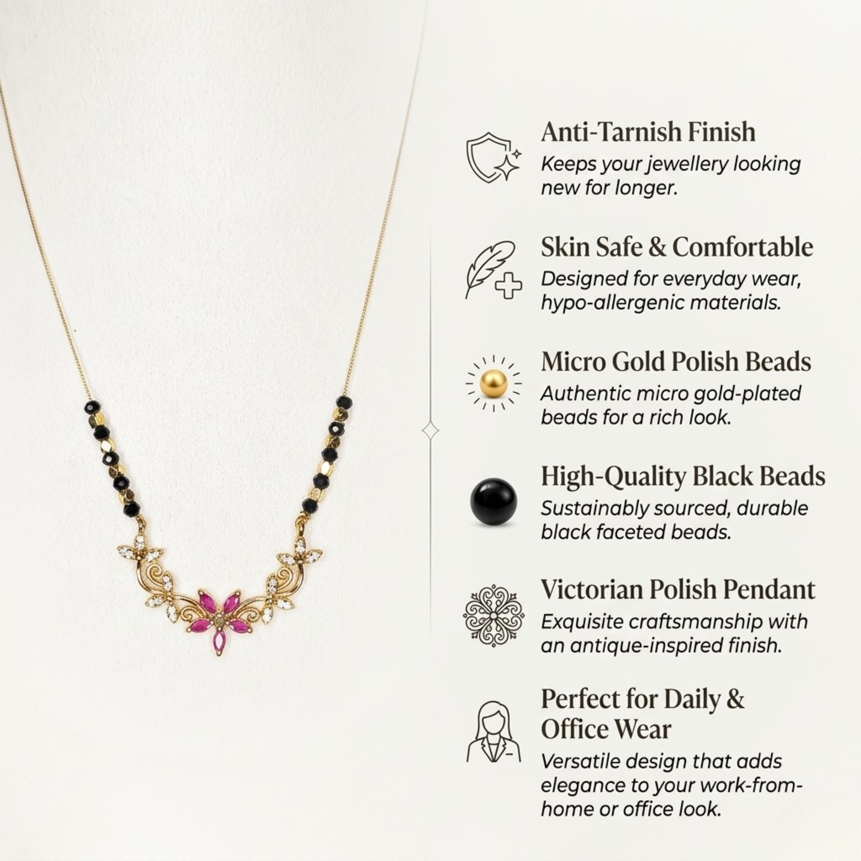 RAAYA Victorian Pink Stone Mangalsutra | Lightweight Daily Wear | Micro Gold | Anti-Tarnish