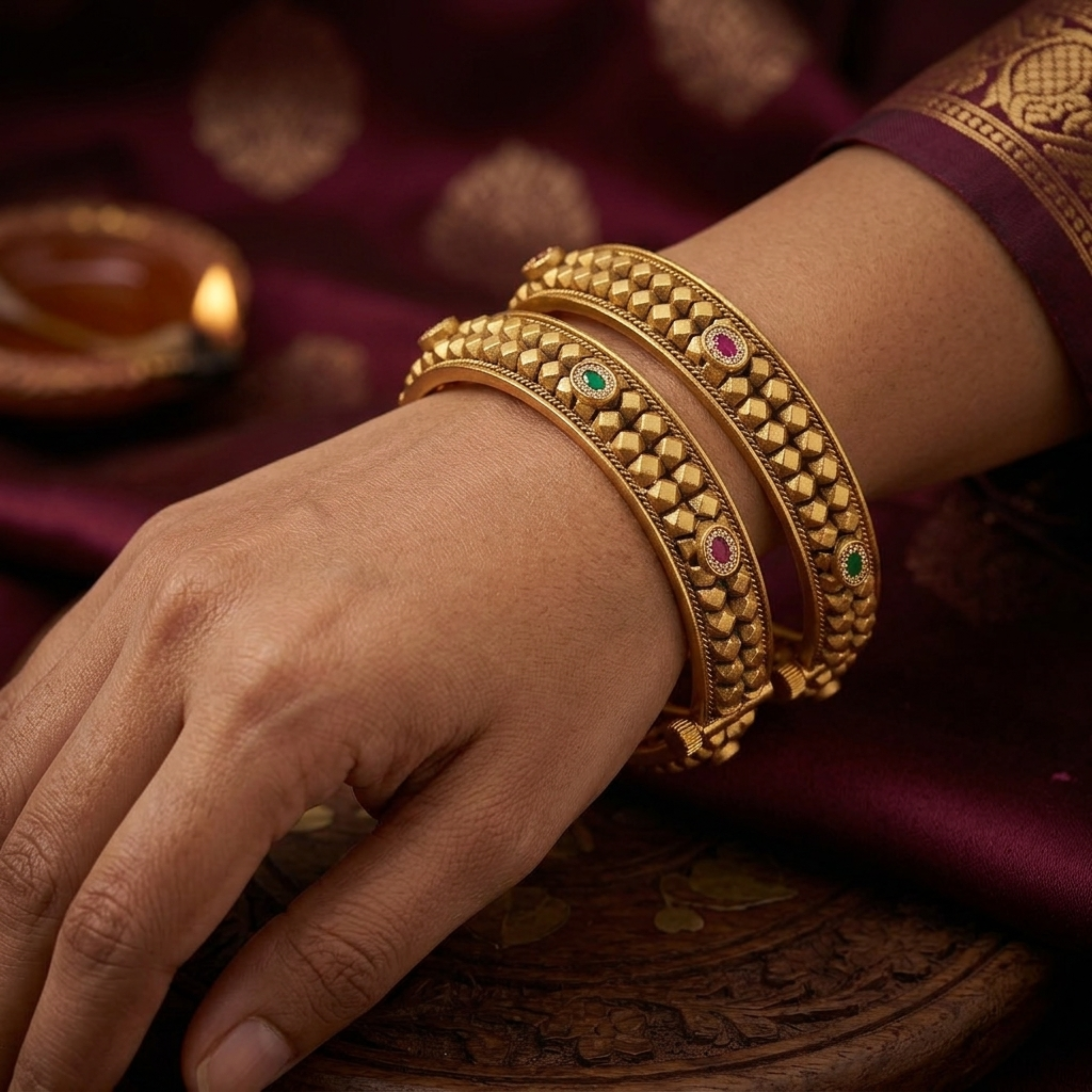 RAAYA Premium 1 Gram Gold Plated Ashtapailu Kada Bangles for Women | Anti-Tarnish Traditional Daily Wear Jewellery with AD & Swarovski Stones (Set of 2)