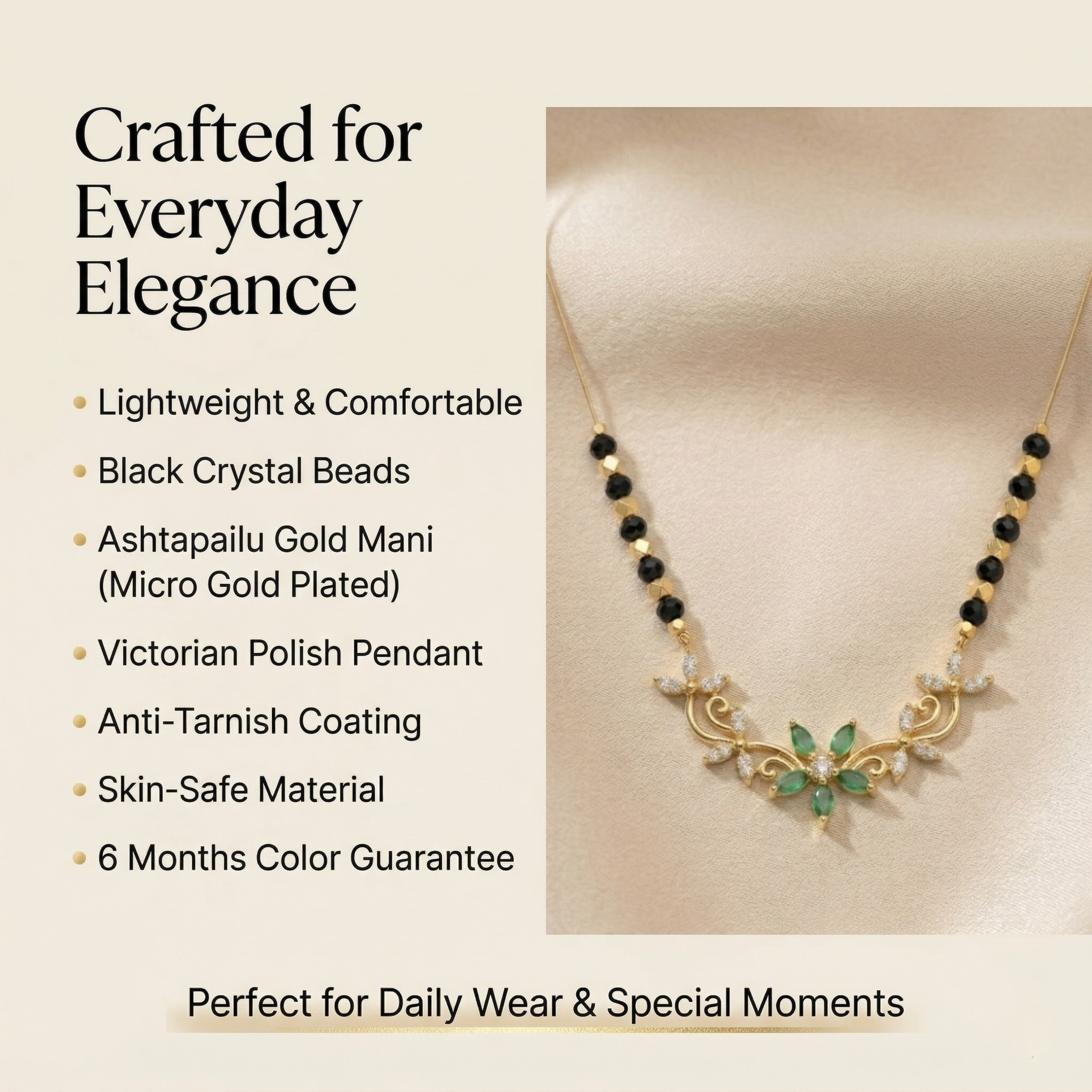 RAAYA Victorian Green Stone Mangalsutra | Lightweight Daily Wear | Micro Gold | Anti-Tarnish