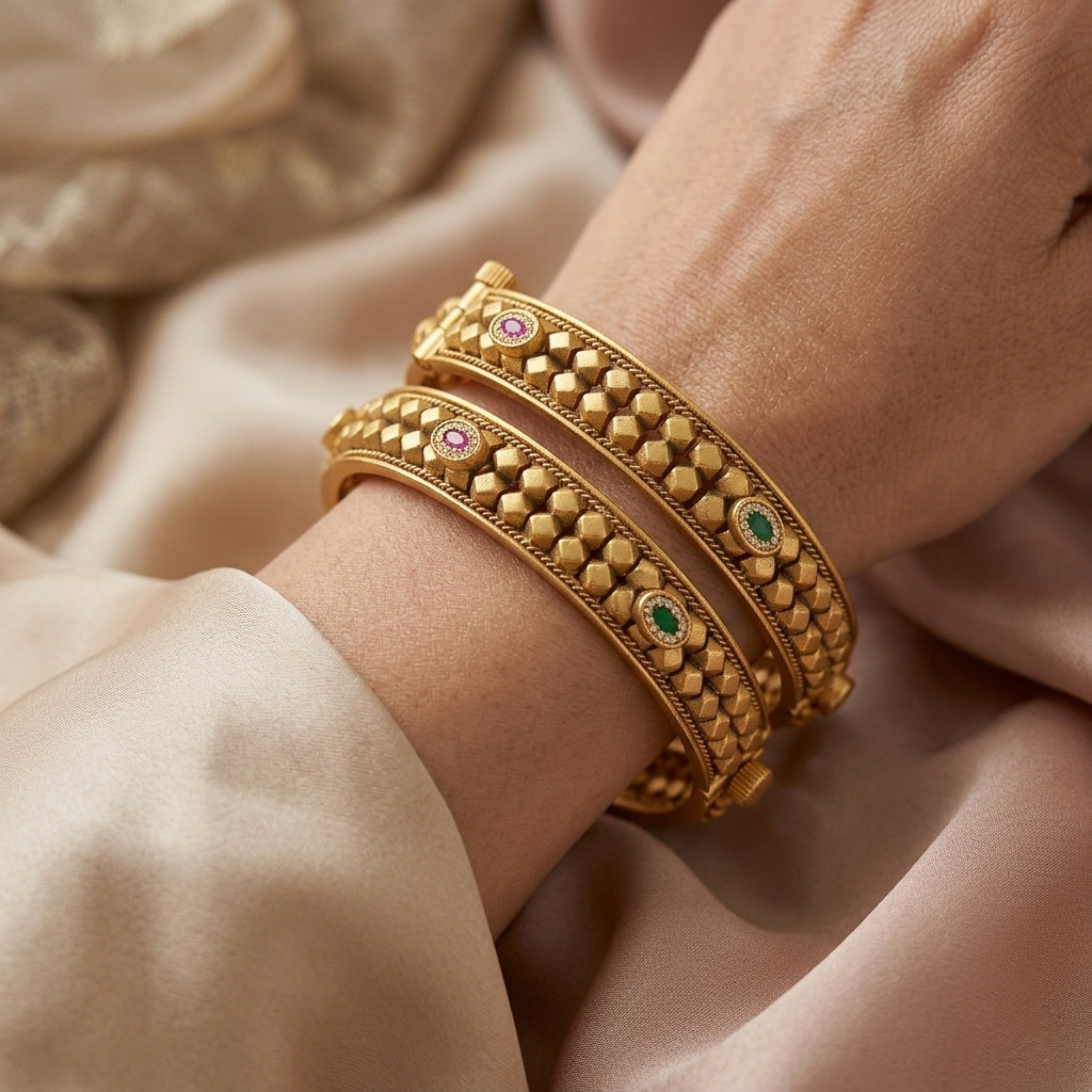 RAAYA Premium 1 Gram Gold Plated Ashtapailu Kada Bangles for Women | Anti-Tarnish Traditional Daily Wear Jewellery with AD & Swarovski Stones (Set of 2)