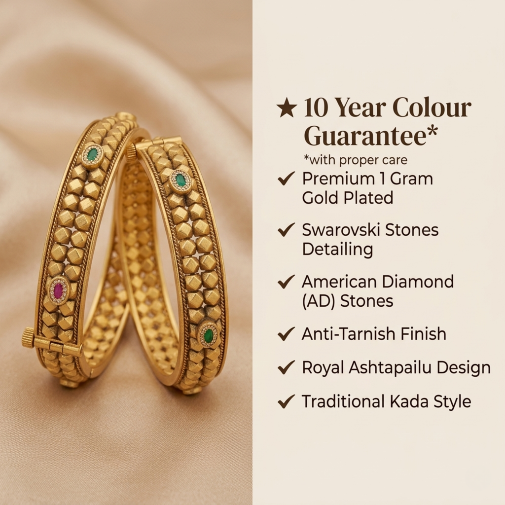 RAAYA Premium 1 Gram Gold Plated Ashtapailu Kada Bangles for Women | Anti-Tarnish Traditional Daily Wear Jewellery with AD & Swarovski Stones (Set of 2)