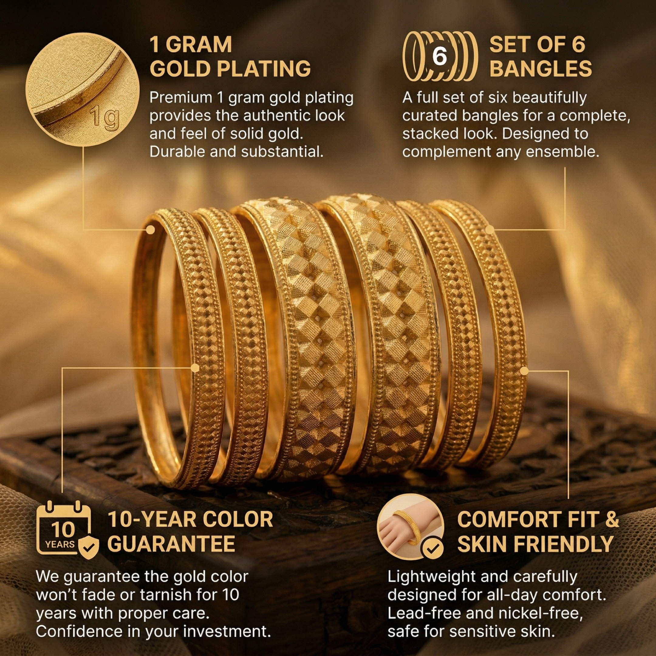 Premium 1 Gram Gold Plated Ashtapailu Bangles Set of 6 | Anti-Tarnish Traditional Daily Wear Bangles for Women