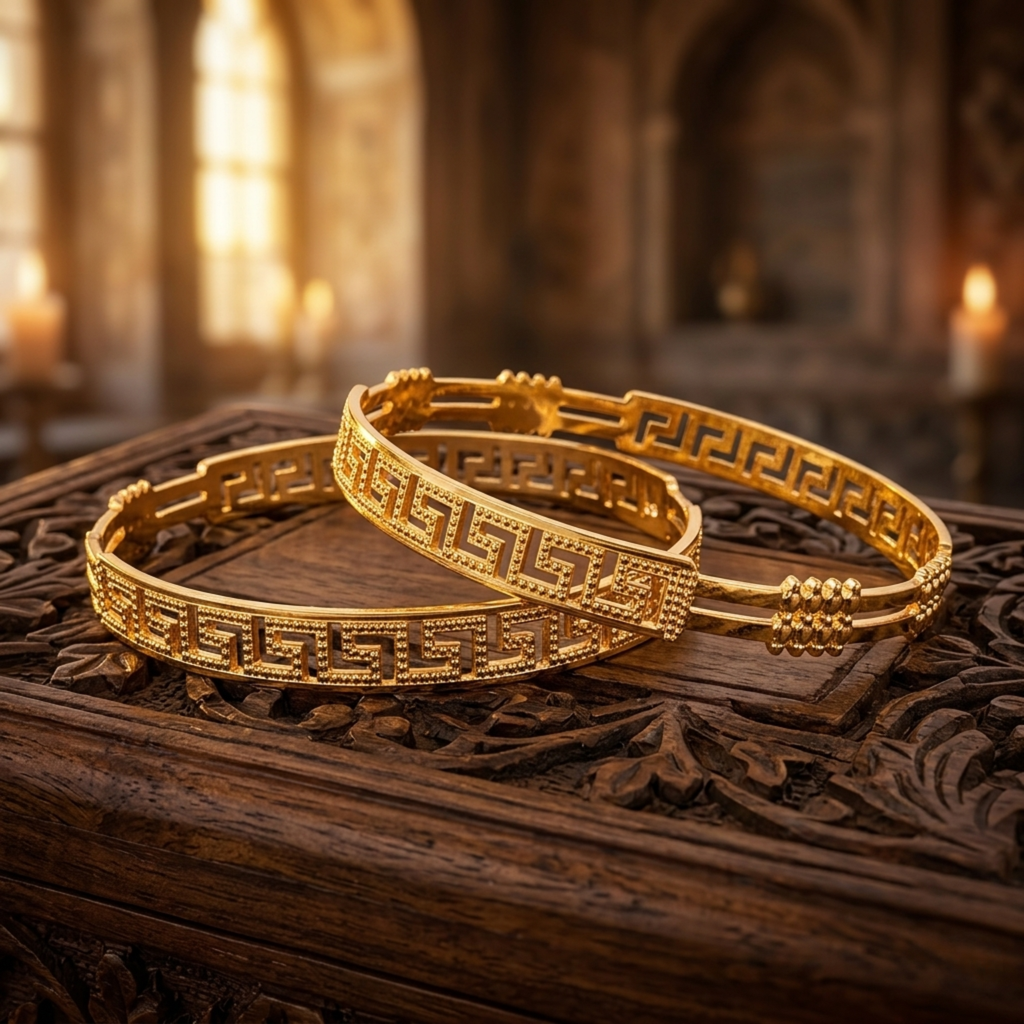 Nitika Premium Micro Gold Plated Designer Bangles Set of 2 | Anti Tarnish Greek Pattern Bangles for Women