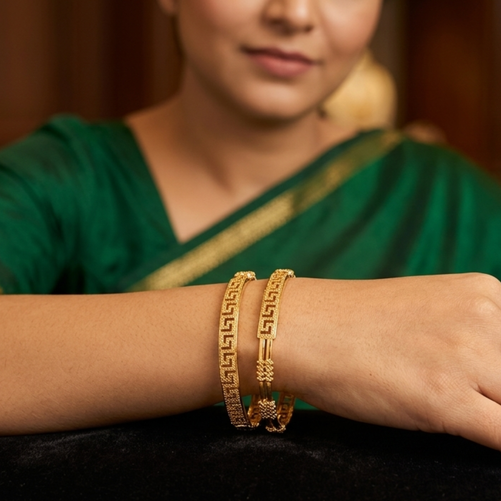Nitika Premium Micro Gold Plated Designer Bangles Set of 2 | Anti Tarnish Greek Pattern Bangles for Women