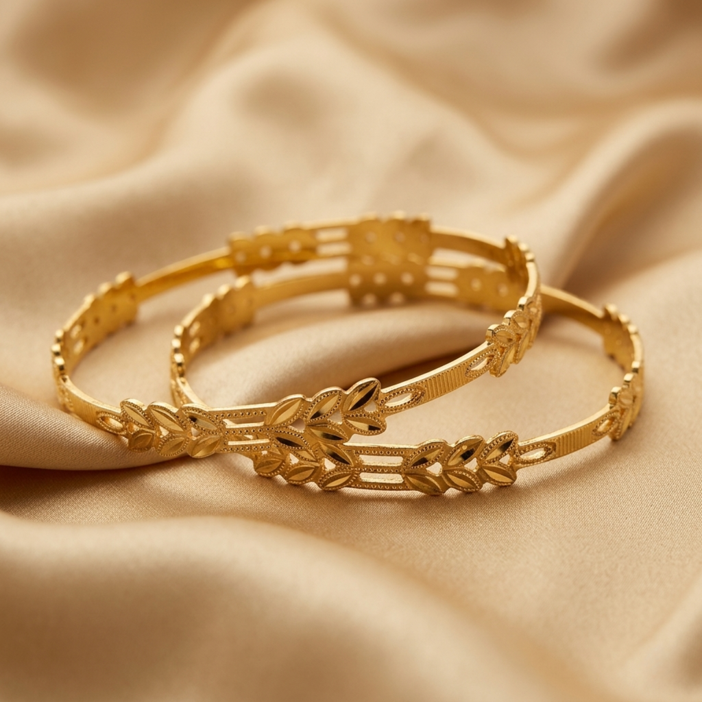Priyanka Premium Micro Gold Plated Designer Bangles Set of 2 | Anti Tarnish Leaf Pattern Bangles for Women