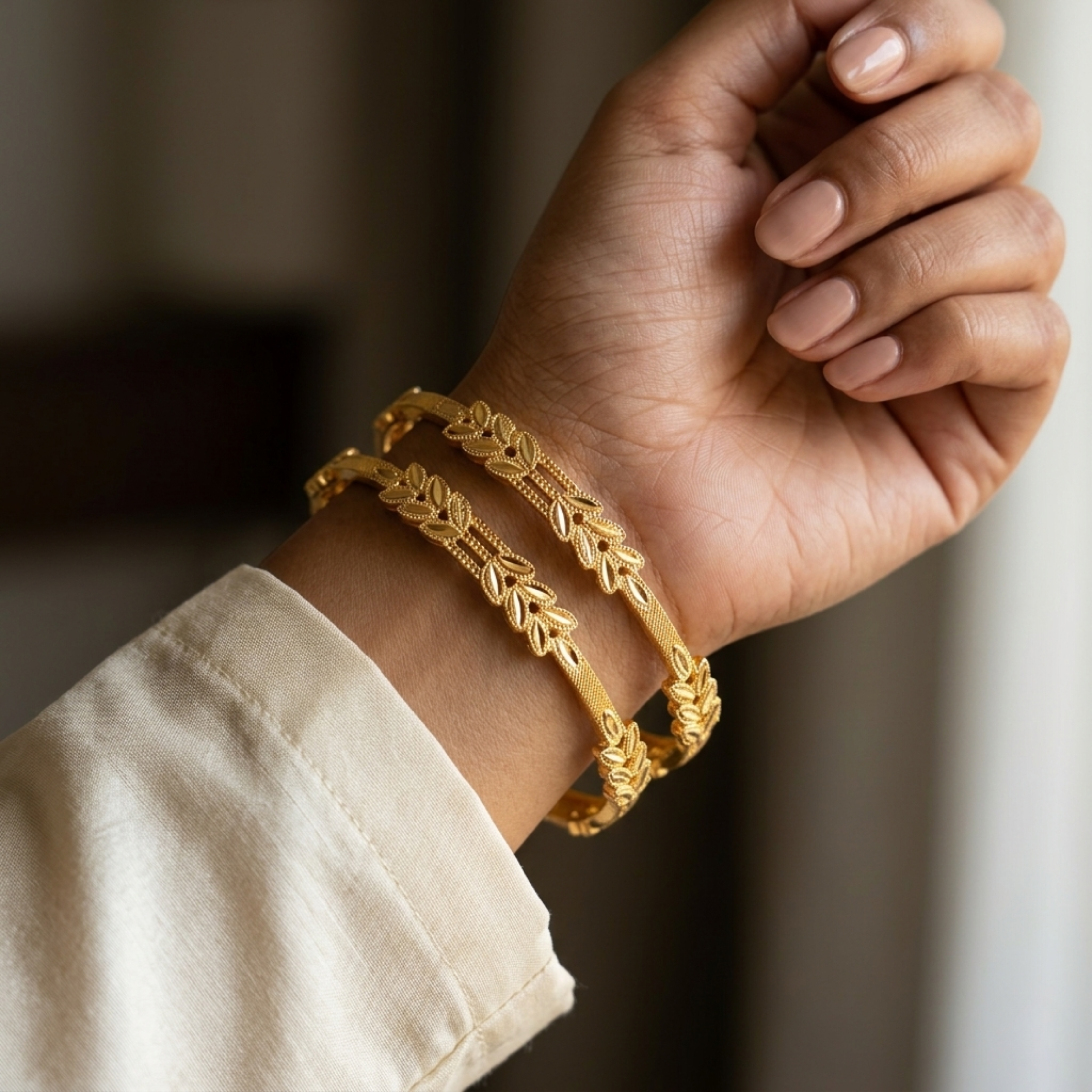 Priyanka Premium Micro Gold Plated Designer Bangles Set of 2 | Anti Tarnish Leaf Pattern Bangles for Women