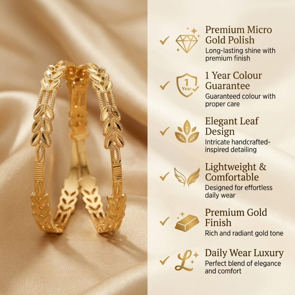 Priyanka Premium Micro Gold Plated Designer Bangles Set of 2 | Anti Tarnish Leaf Pattern Bangles for Women