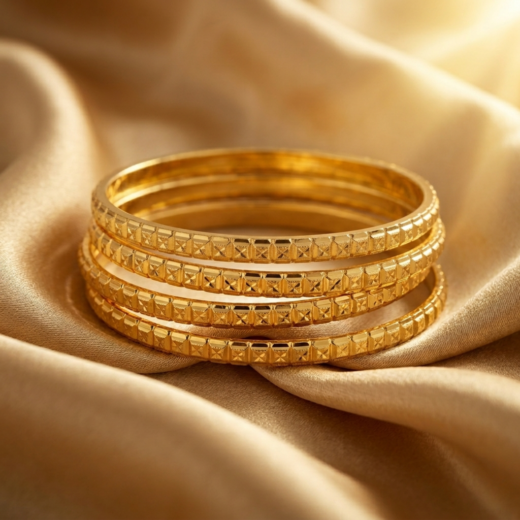 Ruhani Premium Micro Gold Plated Diamond-Cut Bangles Set of 4 | Textured Daily Wear Bangles for Women