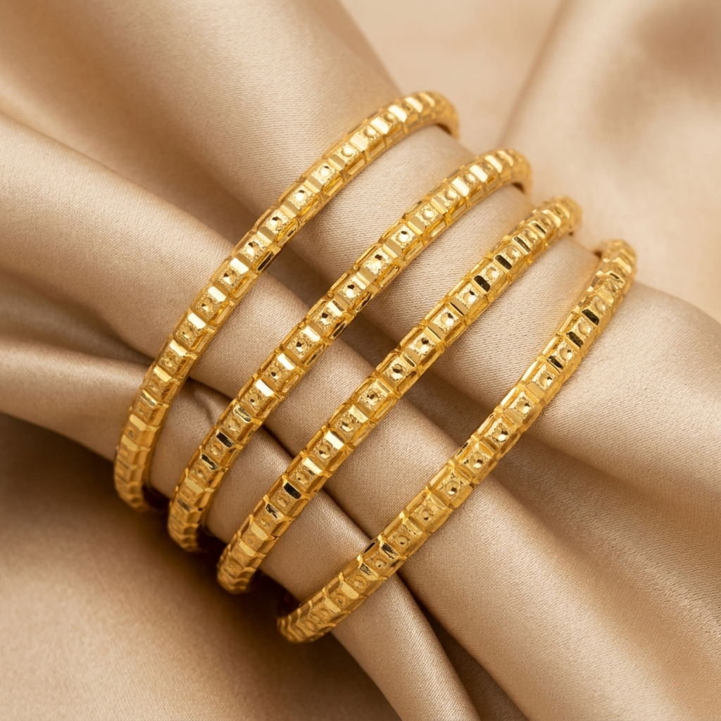 Ruhani Premium Micro Gold Plated Diamond-Cut Bangles Set of 4 | Textured Daily Wear Bangles for Women