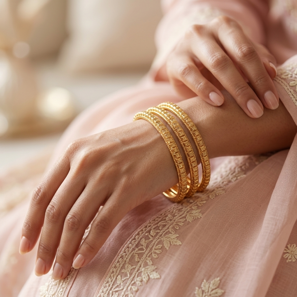 Ruhani Premium Micro Gold Plated Diamond-Cut Bangles Set of 4 | Textured Daily Wear Bangles for Women