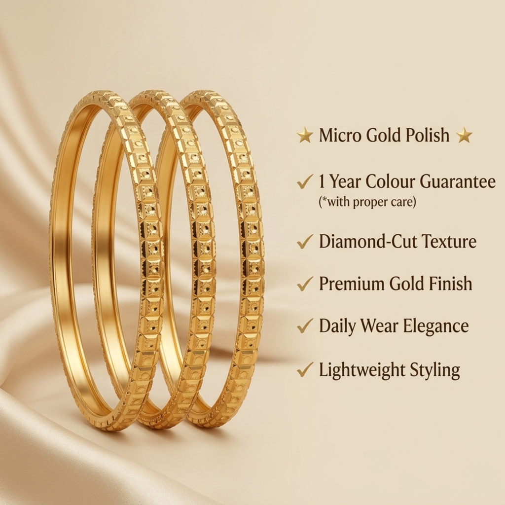 Ruhani Premium Micro Gold Plated Diamond-Cut Bangles Set of 4 | Textured Daily Wear Bangles for Women