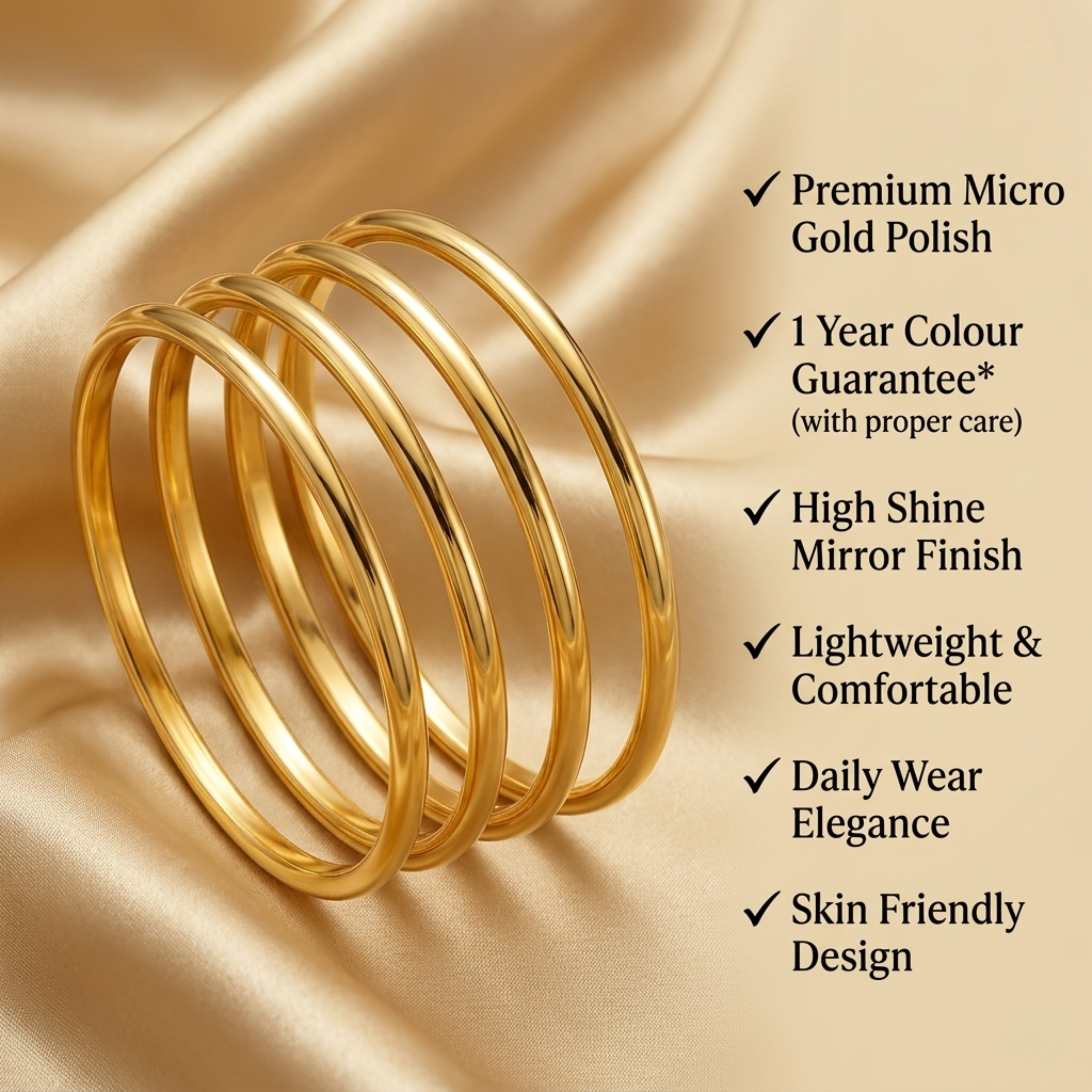 Samaira Premium Micro Gold Plated Plain Bangles Set of 4 | Anti Tarnish Daily Wear Bangles for Women