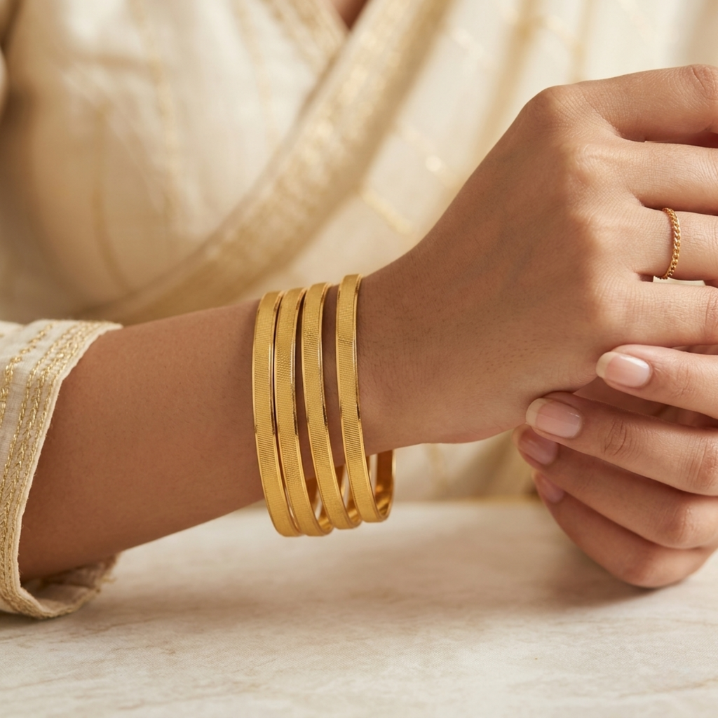 Siya Premium Micro Gold Plated Textured Bangles Set of 4 | Diamond Cut Finish Daily Wear Bangles for Women