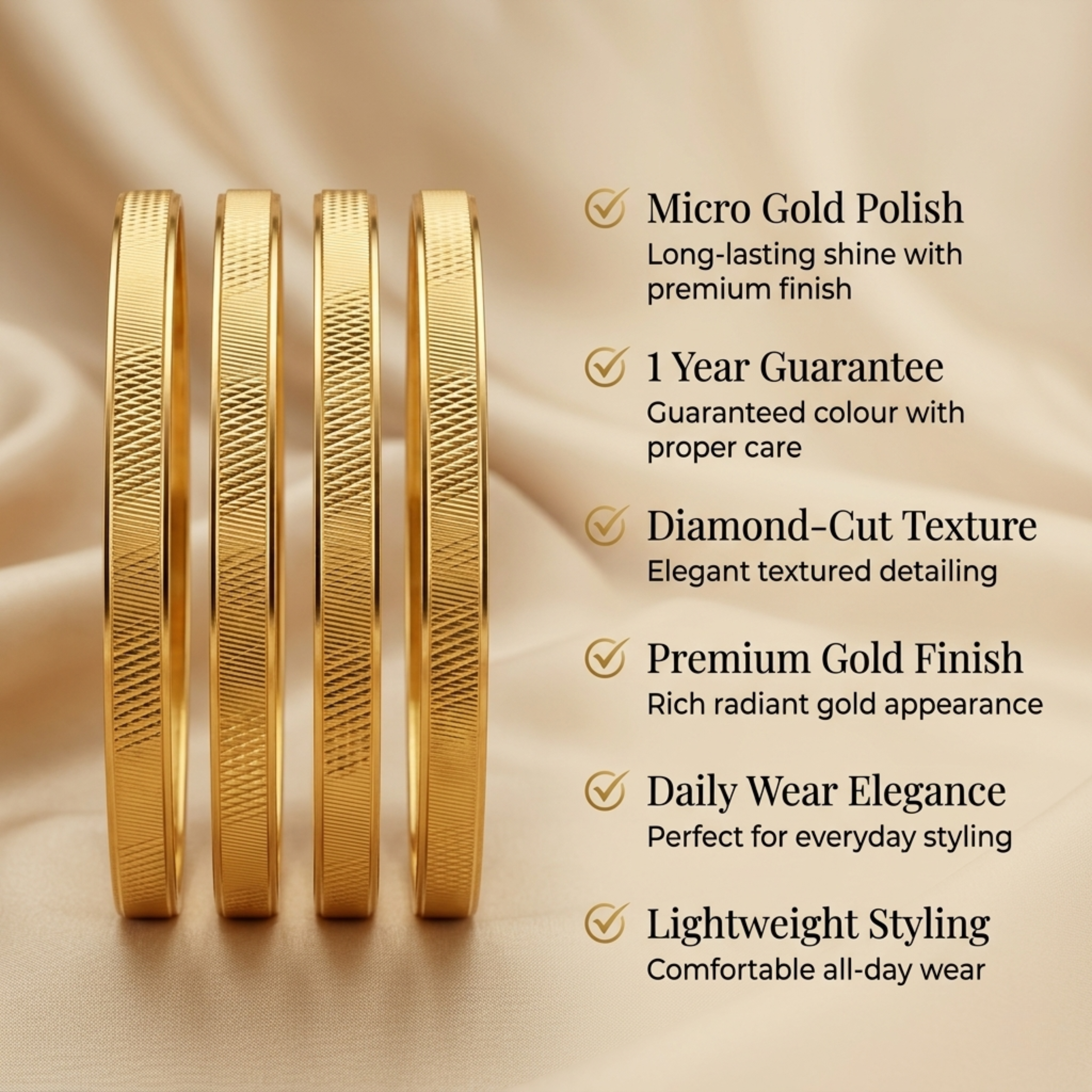Siya Premium Micro Gold Plated Textured Bangles Set of 4 | Diamond Cut Finish Daily Wear Bangles for Women