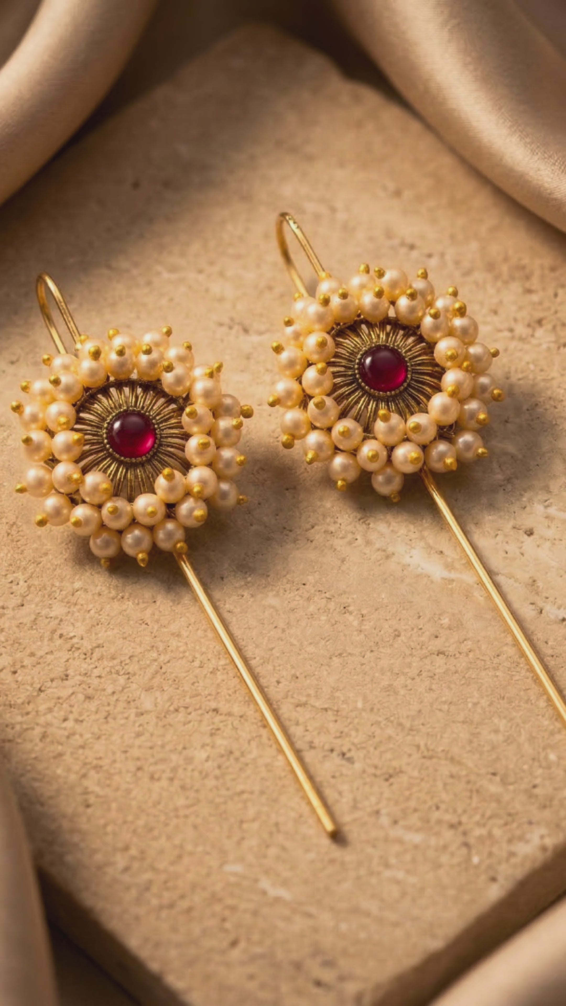 RAAYA Floral Pearl Ear Cuff | Ruby Stone Statement Earrings | Festive & Wedding Wear | Micro Gold | Anti-Tarnish