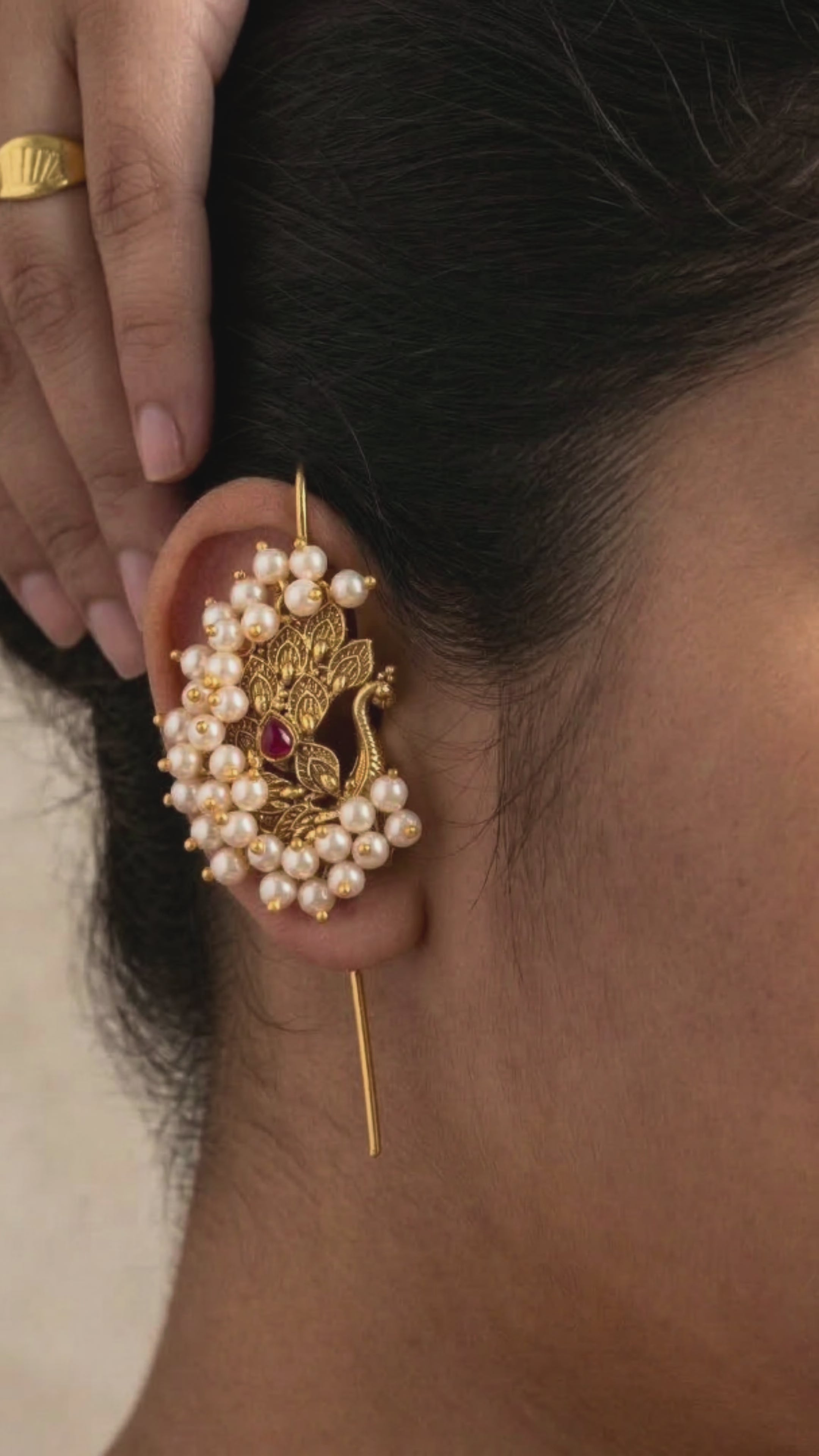 RAAYA Peacock Pearl Ear Cuff | Temple Jewellery | Statement Festive Earrings | Micro Gold | Anti-Tarnish